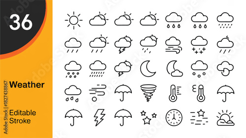 A collection of weather forecast line icons, featuring symbols for sun, clouds, rain, snow, wind, and storms. Editable stroke vector set