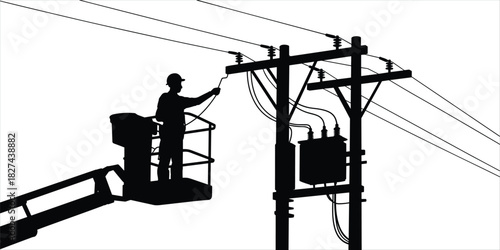 Silhouette of lineman in bucket truck working on power lines and transformer electricity 1