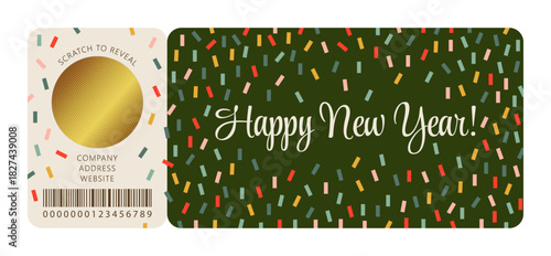 Happy New Year lucky ticket template. Colored paper confetti on green background. Scratch sticker. Vector layout of gift voucher for social posting, stores and marketing campaign.