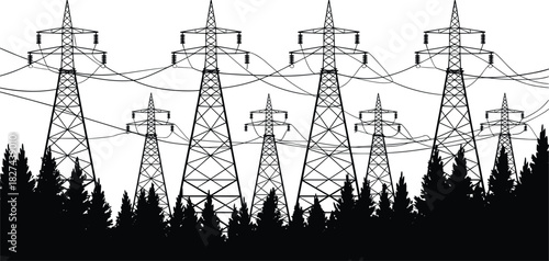 Black silhouette of power line towers and trees against white background electricity
