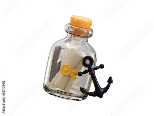 Message in a bottle icon 3d render concept of message in a paper inside the bottle with Ship Anchor icon vector illustration