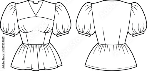 cad drawing flat vector illustration, puff sleeve V-neck blouse, peplum hem design, fashion sketch, garment template, apparel construction