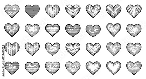 Collection of vintage-style heart shapes with hand-drawn hatching and engraving textures, creating a woodcut illustration effect.