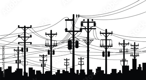 Black silhouette of tangled power lines and utility poles over city skyline electricity wires