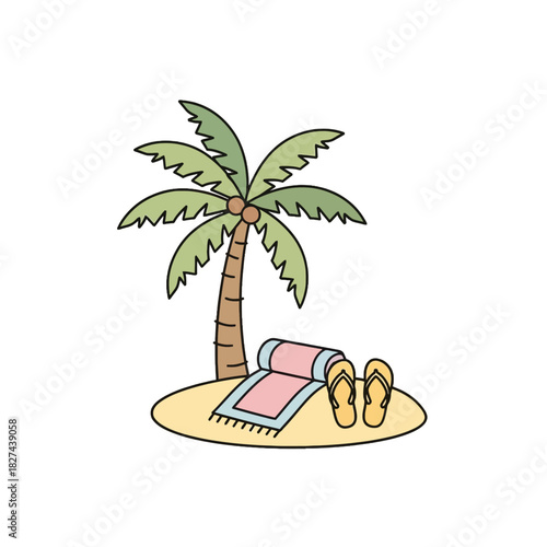 Tropical Beach Vector Illustration with Palm Tree, Flip Flops and Beach Towel – Summer Vacation Design