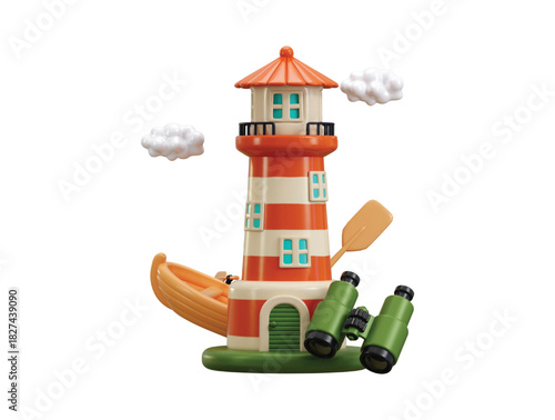 Lighthouse icon 3d render concept of lighthouse with binocular and sea boat icon ocean lighthouse icon vector illustration