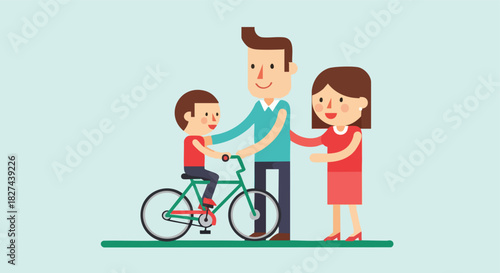 Parents Helping Their Young Son Learn How to Ride a Bicycle for the First Time