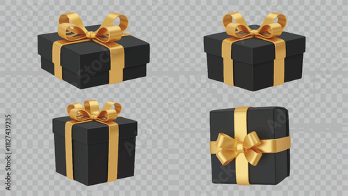 A stylish set of four luxurious black gift boxes, each elegantly decorated with shimmering gold ribbons, perfect for festive celebrations and high-end gifting
