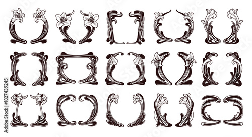 Elegant set of decorative Art Nouveau frames and borders with floral motifs and swirling lines in a vintage black and white style.