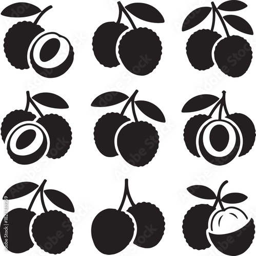 Lychee Fruit Silhouette Set Vector Illustration for Design and Decoration