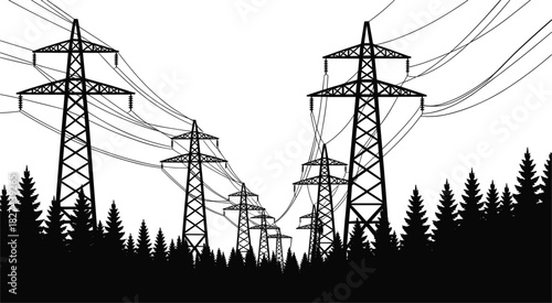 Black silhouette of power line towers and pine trees against white sky electricity transmission tower