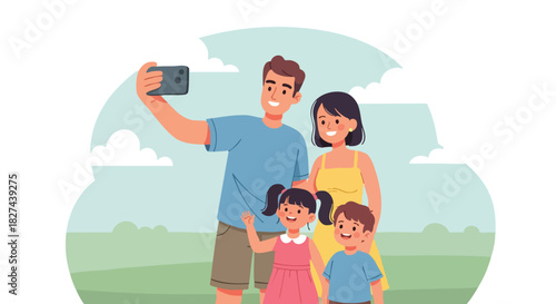 Happy Family of Four Taking a Selfie Photograph Outdoors on a Sunny Day with a Smartphone