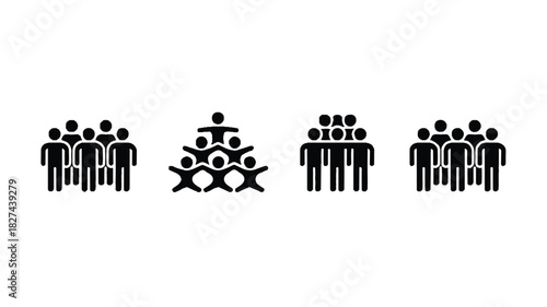 Collection of minimalist human figures icon set representing diverse groups, teamwork, and social connections