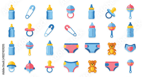 Cute collection of baby shower icons for a boy, including bottles, pacifiers, diapers, and toys in a flat sticker style.