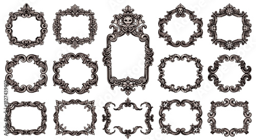 Ornate set of vintage baroque frames with gothic skull details in a detailed, hand-drawn engraved style for elegant designs.
