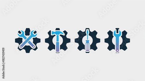 Set of minimalist gear and tool icons Wrench, hammer, screwdriver for repair, construction, and service