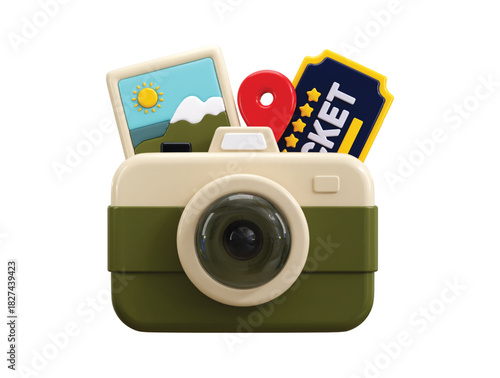 Camera with Tickets icon 3d render concept of digital camera with photo and tickets icon on photographs snapshots icon vector illustration