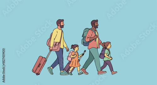 Two Fathers and Their Two Daughters Walking Together While Carrying Luggage and Backpacks for a Trip