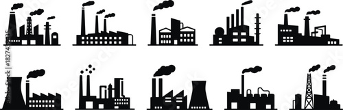 Industrial Factory Silhouette Icons Set, Power Plant Smoke Chimneys, Oil Refinery Buildings, Black Vector Cityscape for Energy and Manufacturing Design