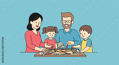Happy Family of Four Playing a Fun Board Game Together as a Leisure Activity