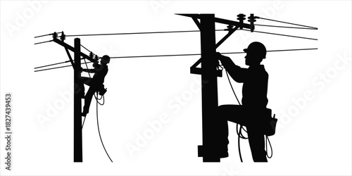 Silhouettes of two linemen working on utility poles with wires lineman electrician