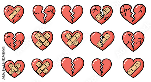 Cartoon collection of broken and cracked red hearts, some patched with bandages, symbolizing heartbreak, sadness, and healing.