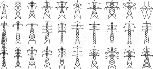 Collection of black line art electricity pylons and towers on white background power line tower