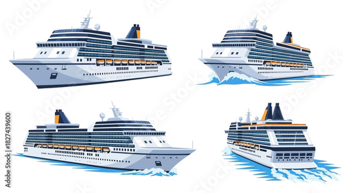 Collection of Four Cruise Ship Illustrations Navigating Through Water with Waves