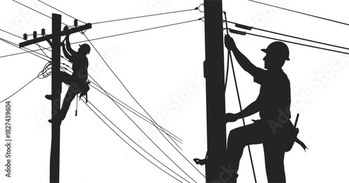 Silhouettes of two electricians working on utility poles with wires power line worker