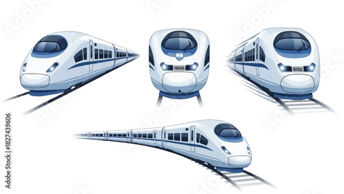 High-speed futuristic passenger train in multiple perspectives, showcasing modern transportation design