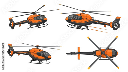 Set of four helicopter illustrations in different perspectives