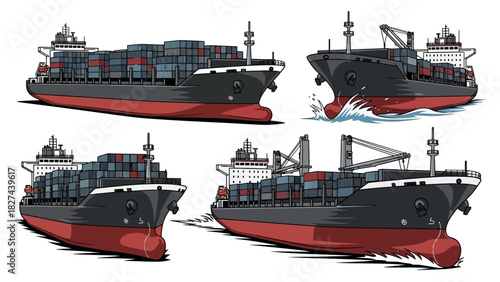 Collection of four detailed illustrations of cargo ships carrying containers on a white background