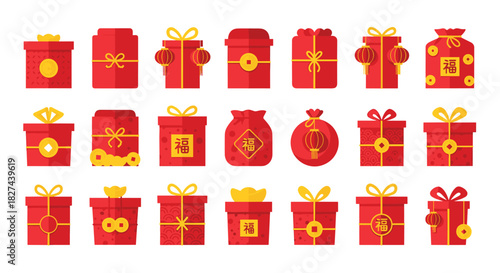 Collection of red and gold Chinese New Year gift boxes and money bags decorated with traditional lucky symbols and patterns.