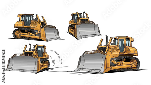 Set of Illustrations Depicting a Bulldozer in Various Poses and Angles