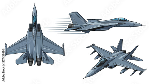 Military jet fighter aircraft from different angles - front, top and side views illustration