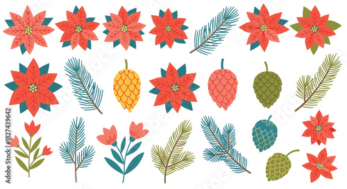 Christmas botanical collection with poinsettia flowers, pine branches, and cones in a festive, decorative flat vector style.