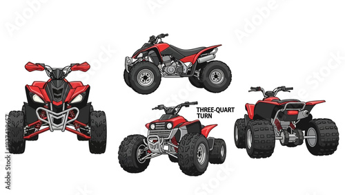 Various Angles of a Red All-Terrain Vehicle (ATV) Showing its Design and Features