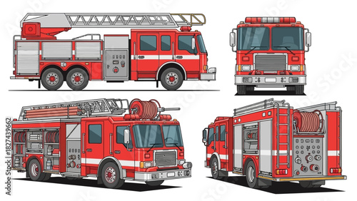 Collection of red fire trucks from different angles, showcasing their equipment and emergency vehicle design
