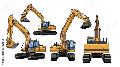 Construction Equipment A Collection of Yellow Excavator Vector Illustrations