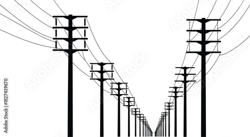 Black silhouette of telephone poles and wires receding into distance power line electricity