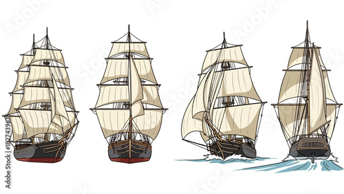 Vintage sailing ships in a row, showcasing their grand sails and wooden hulls