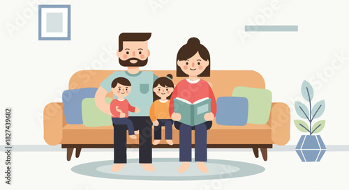 Parents and Two Young Children Sitting on a Sofa Reading a Story Book Together at Home