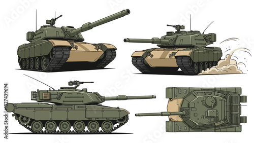 Collection of Military Tank Illustrations Showing Different Angles and Perspectives