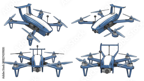Four different angle views of a white and blue quadcopter drone with camera and propellers