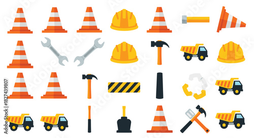 Flat design icon set of construction site equipment including safety cones, hard hats, tools, and a yellow dump truck vector.