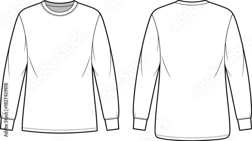 Long sleeve t shirt CAD drawing, front and back view basic crew neck apparel flat vector illustration for fashion technical design