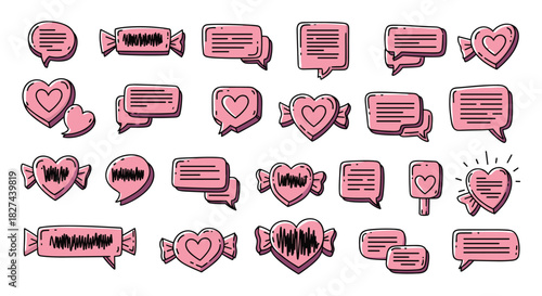 Set of pink doodle-style speech bubbles, including chat messages, hearts, and voice memos for romantic communication concepts.