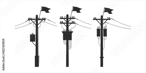 Three black silhouette utility poles with flags and electrical equipment electricity power line