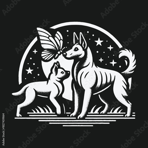 Monochrome illustration of a mother dog and puppy with a butterfly.
