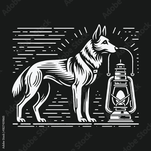 Brave German Shepherd Dog Holding a Vintage Lantern Illustration.